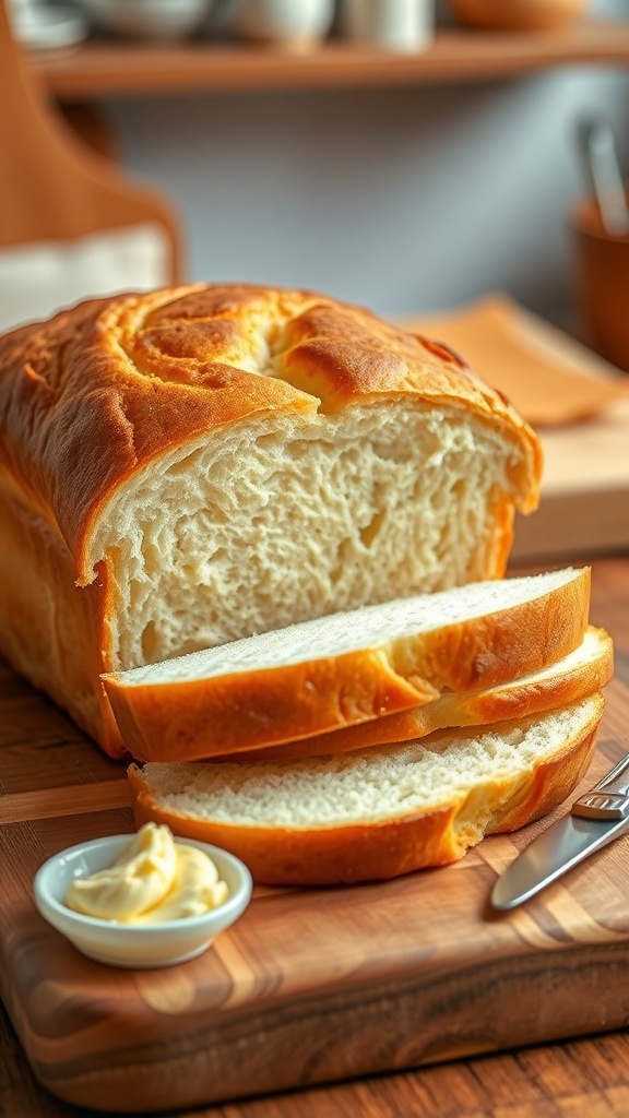 Homemade Sandwich Bread Recipe for Bread Machine Freshly baked sandwich bread loaf sliced on a cutting board with butter and knife.